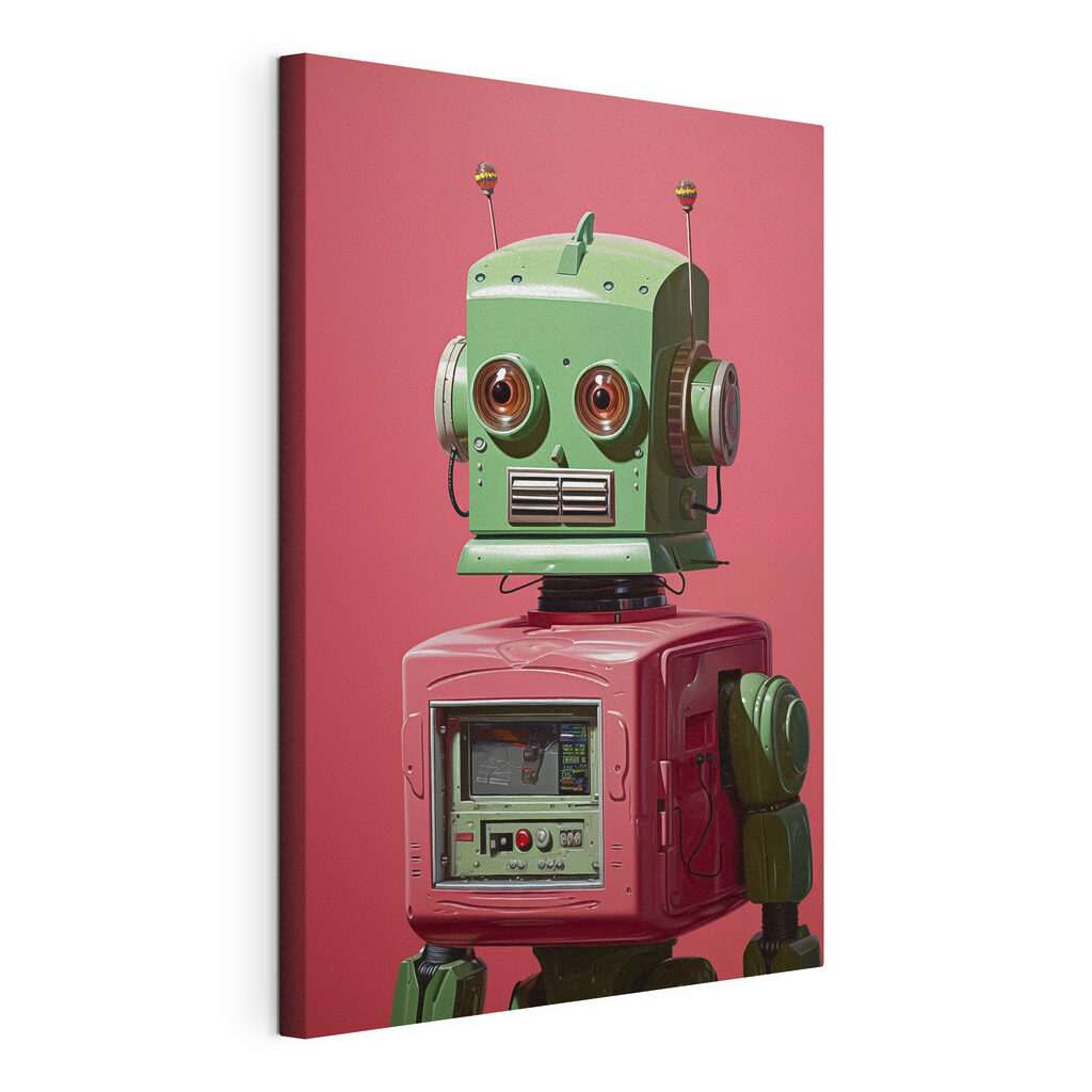 Green and pink robot with large eyes Green and pink robot with large eyes