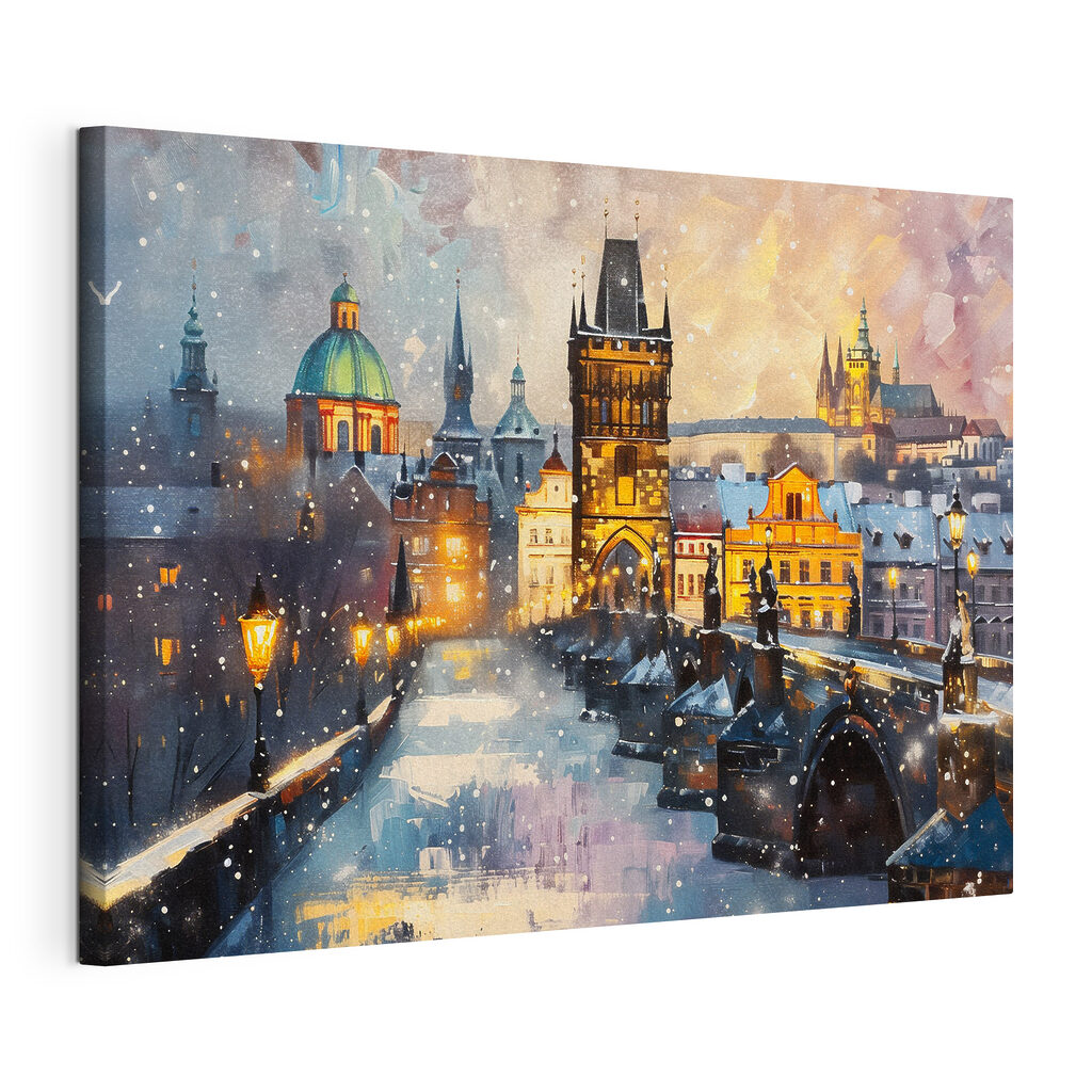 Bridge over a river with buildings and snow