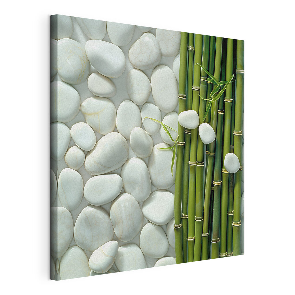 Group of green bamboo stems and white rocks