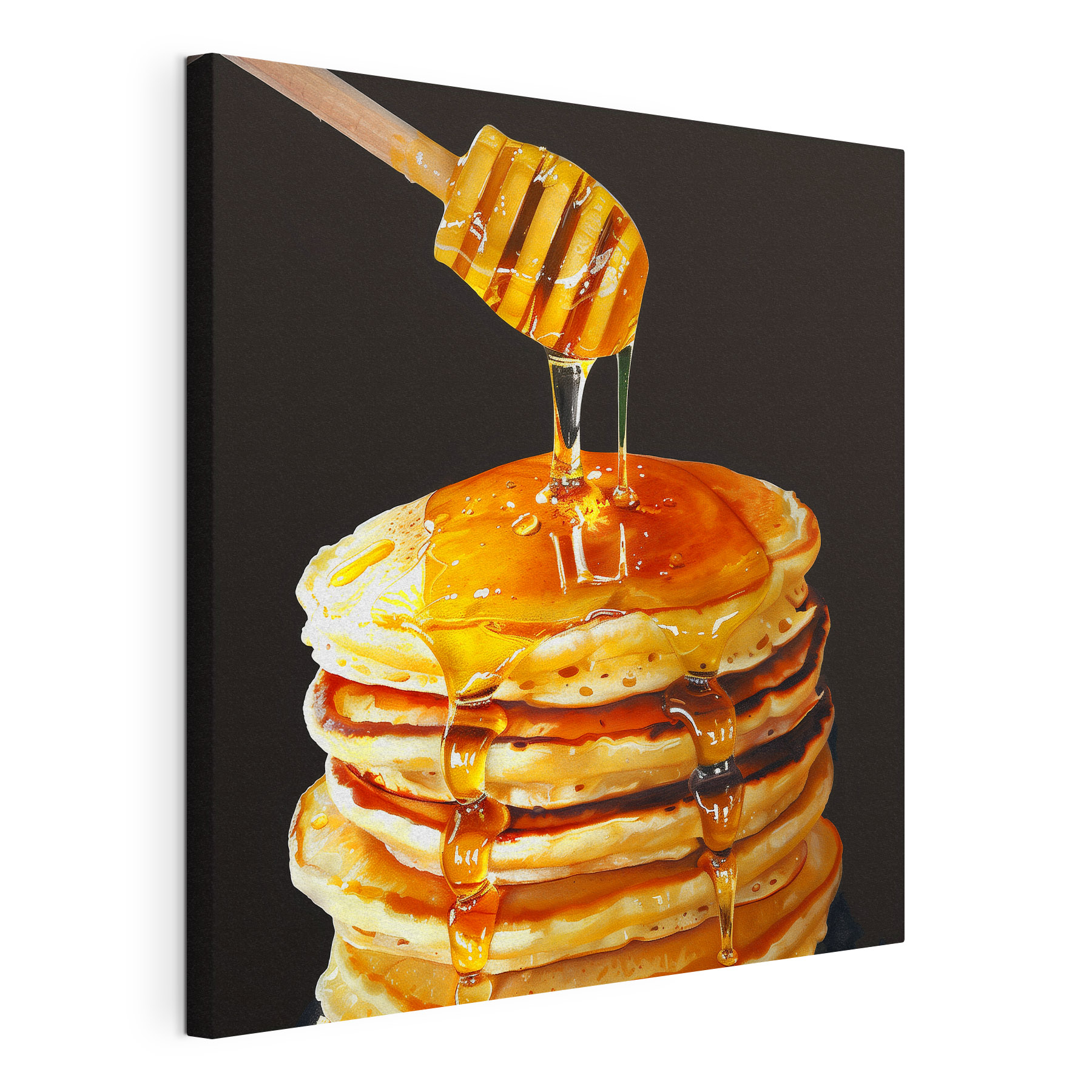 Stack of pancakes with honey dripping from a wooden stick Stack of pancakes with honey dripping from a wooden stick