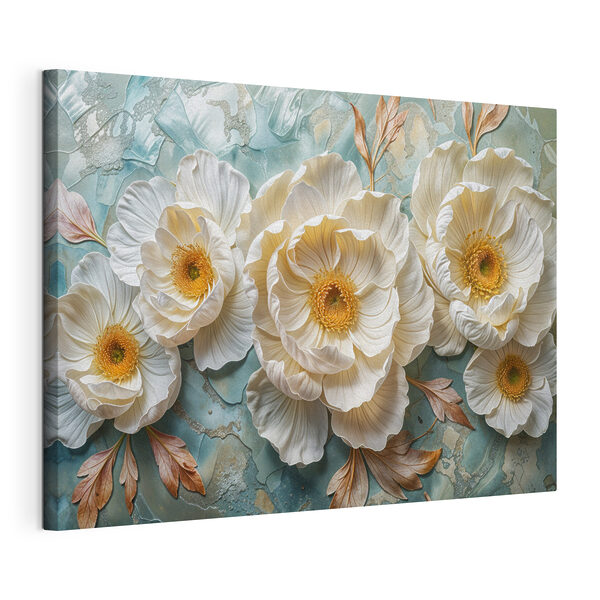 Cuadros Cuadros Ramo de flores blancas con hojas sobre un fondo azul (SKU: s40386)