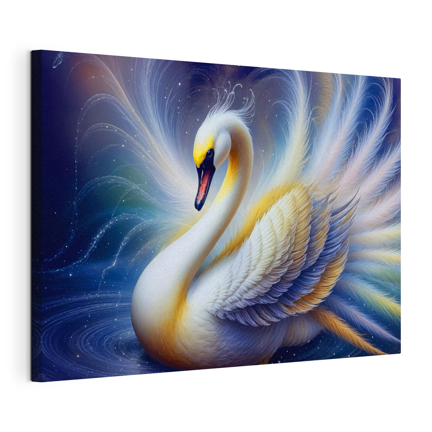 White swan with yellow and blue feathers White swan with yellow and blue feathers