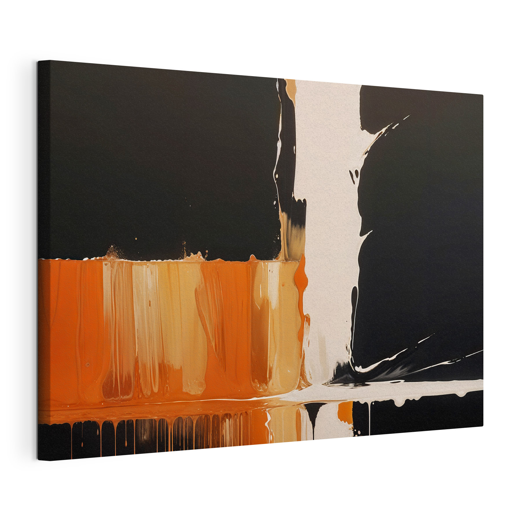 White and orange paint dripping down a black surface White and orange paint dripping down a black surface