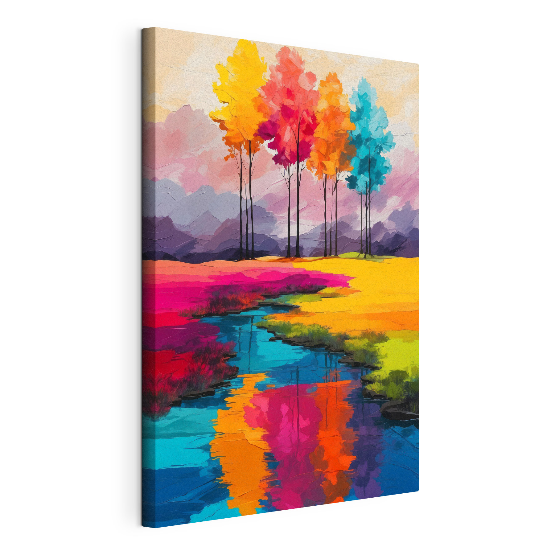 Painting of a river running through a field of colorful trees