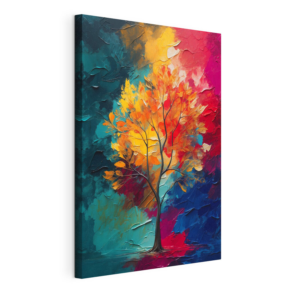 Painting of a tree with orange and blue leaves Painting of a tree with orange and blue leaves