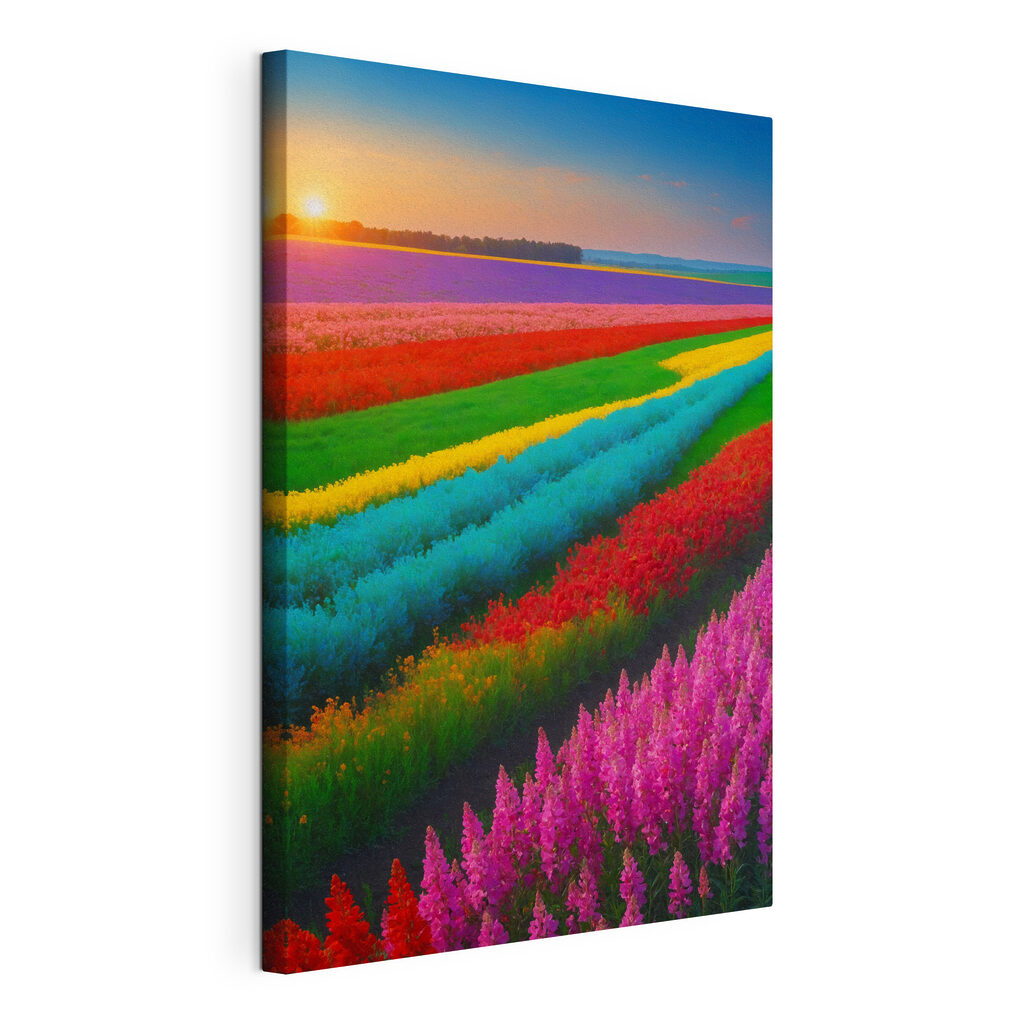 Field of flowers with the sun setting behind them
