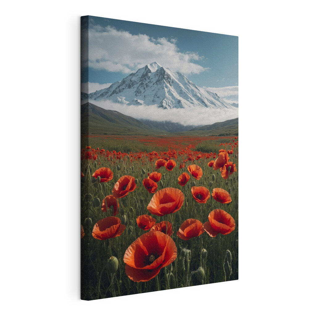 Field of red flowers with a mountain in the background Field of red flowers with a mountain in the background