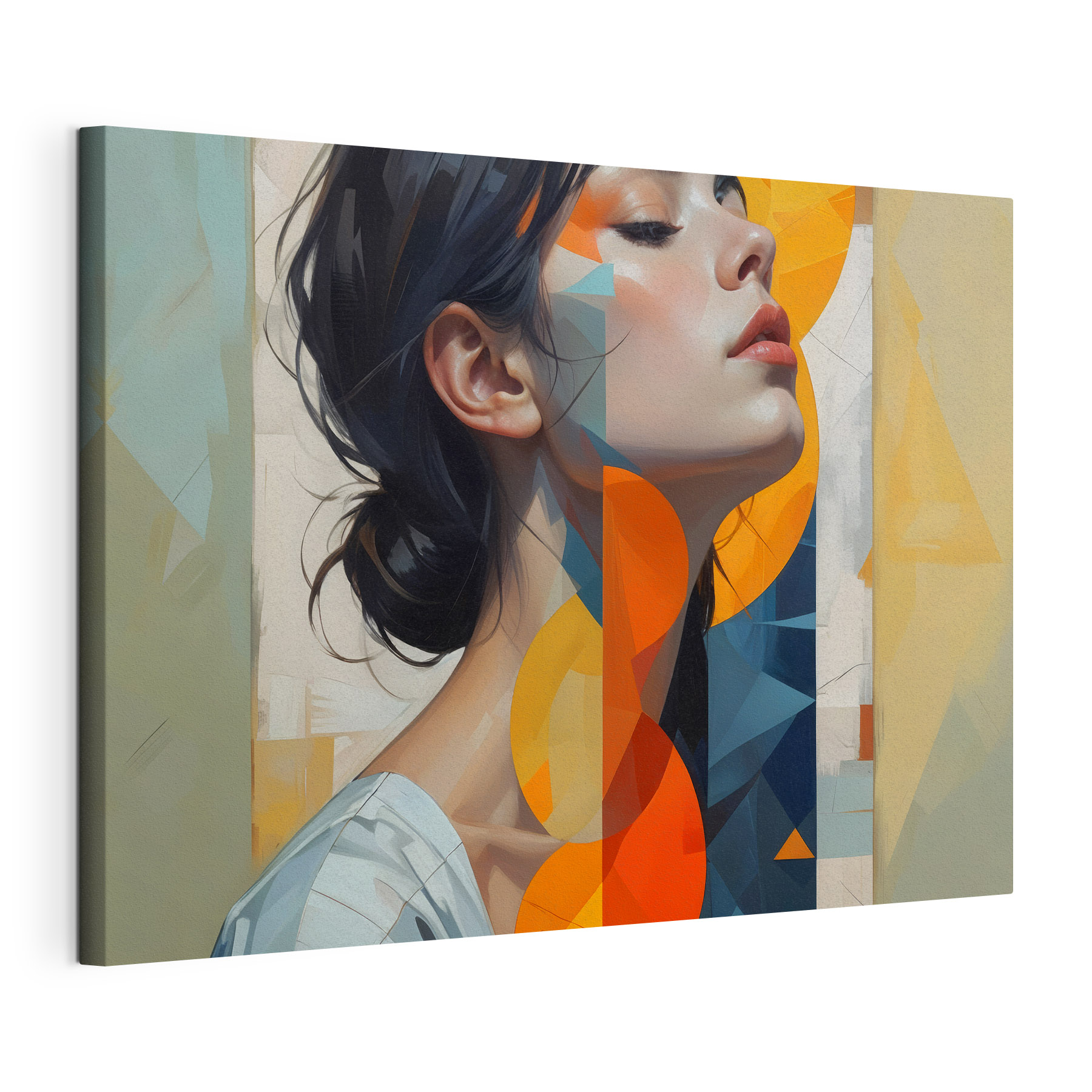 Woman with black hair and orange and blue circles Woman with black hair and orange and blue circles