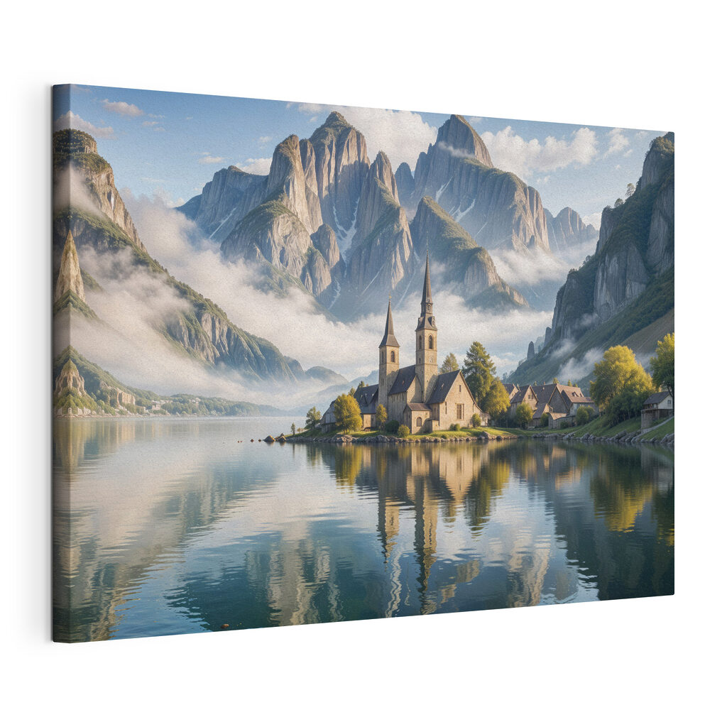 Building on a small island with a lake and mountains in the background Building on a small island with a lake and mountains in the background