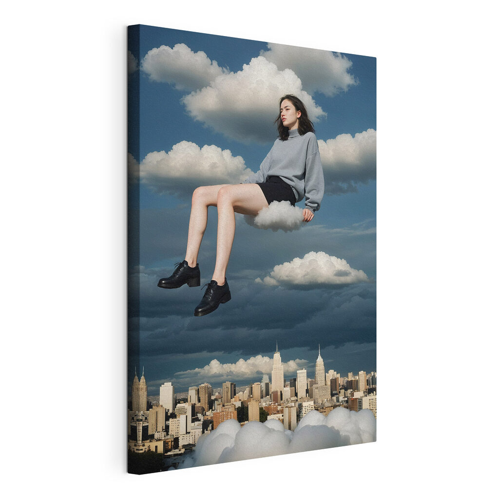 Woman sitting on a cloud in the sky