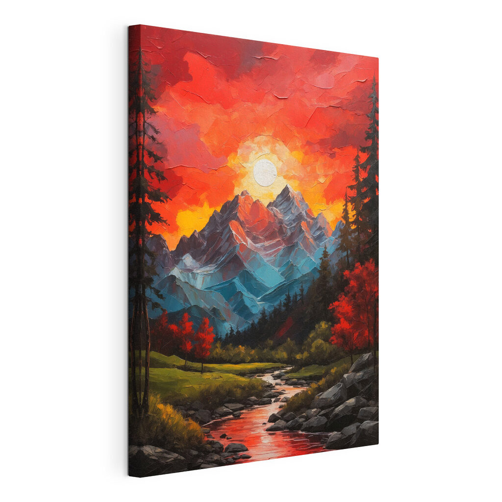 Painting of a mountain range with trees and a river