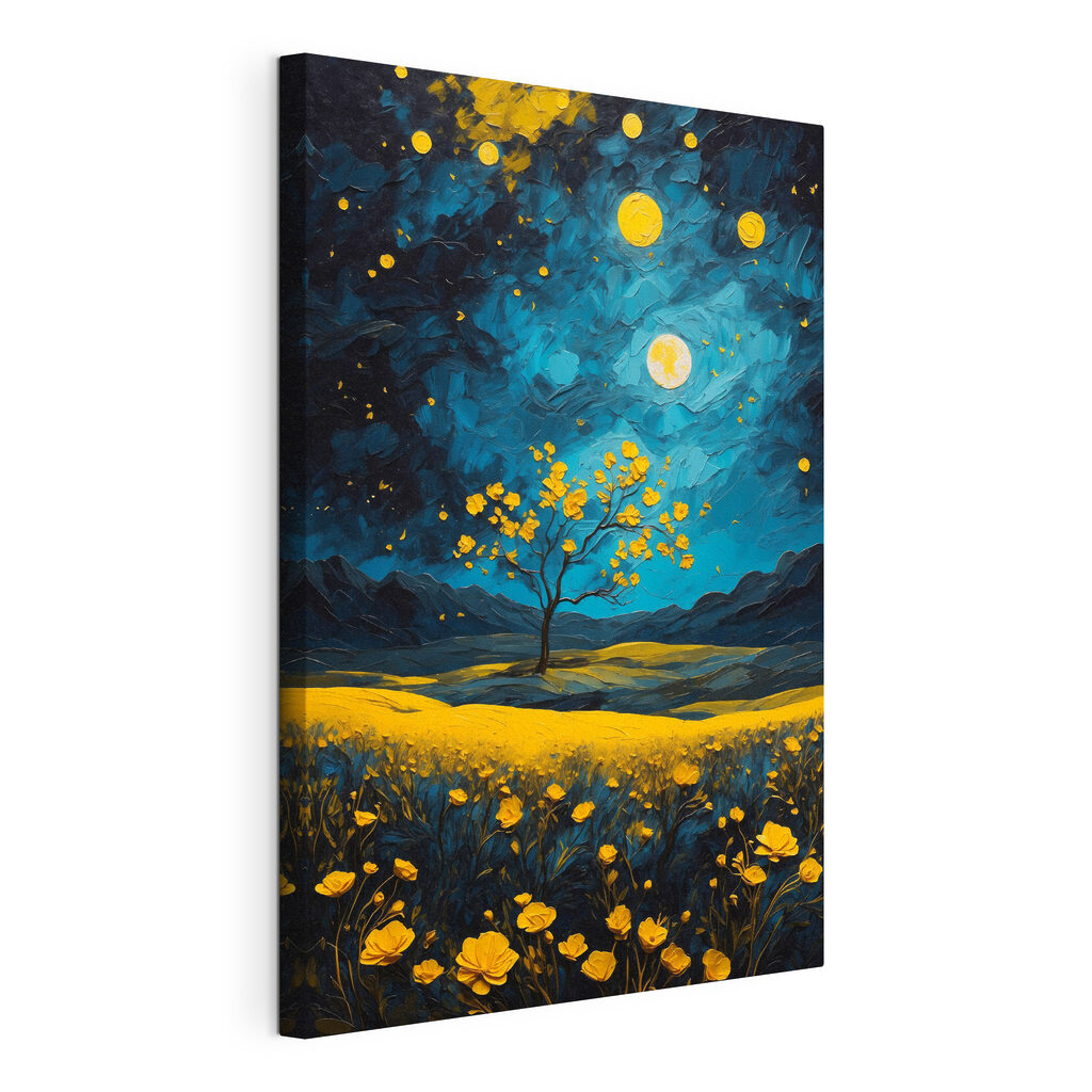 Painting of a tree in a field of flowers Painting of a tree in a field of flowers