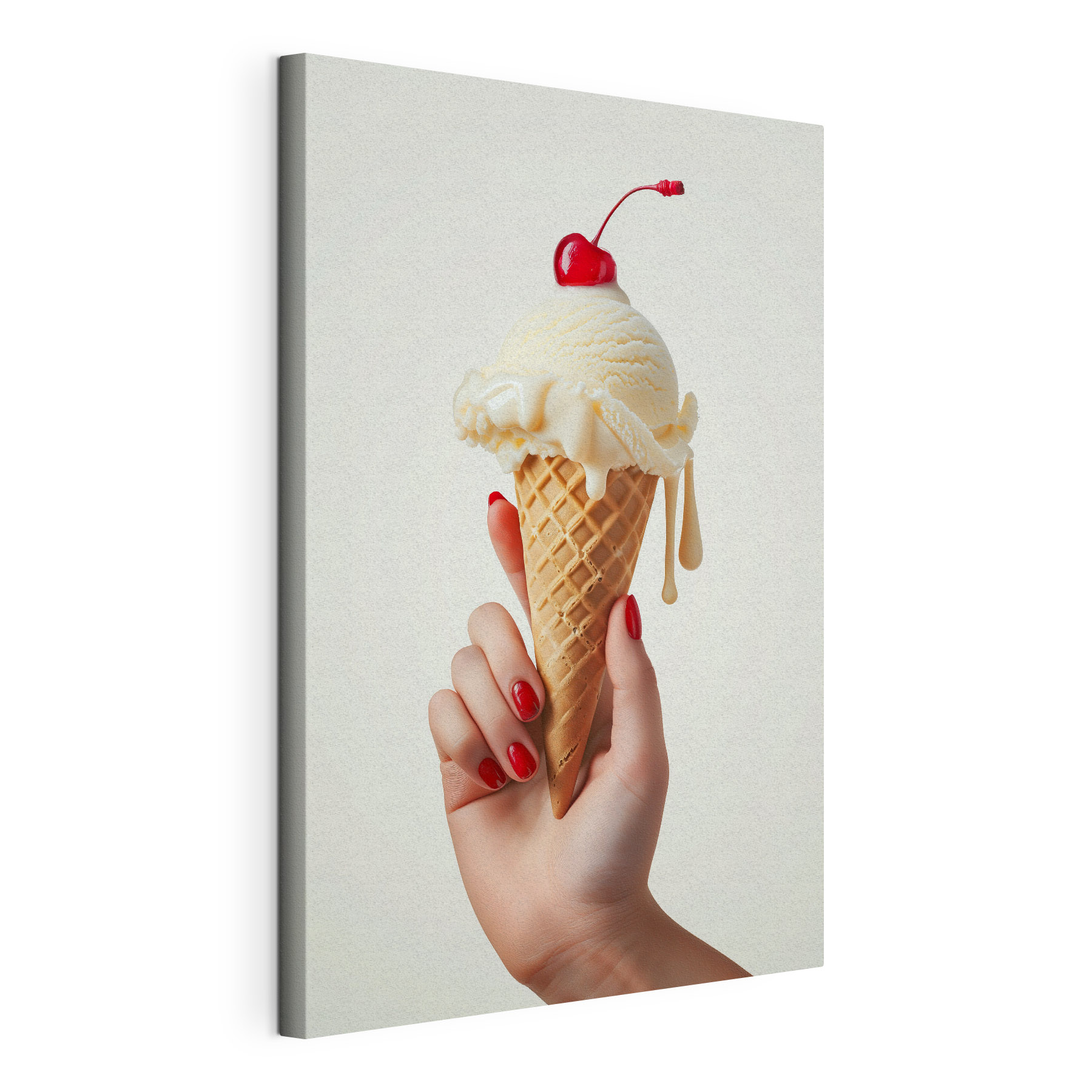 Hand holding an ice cream cone with a cherry on top Hand holding an ice cream cone with a cherry on top