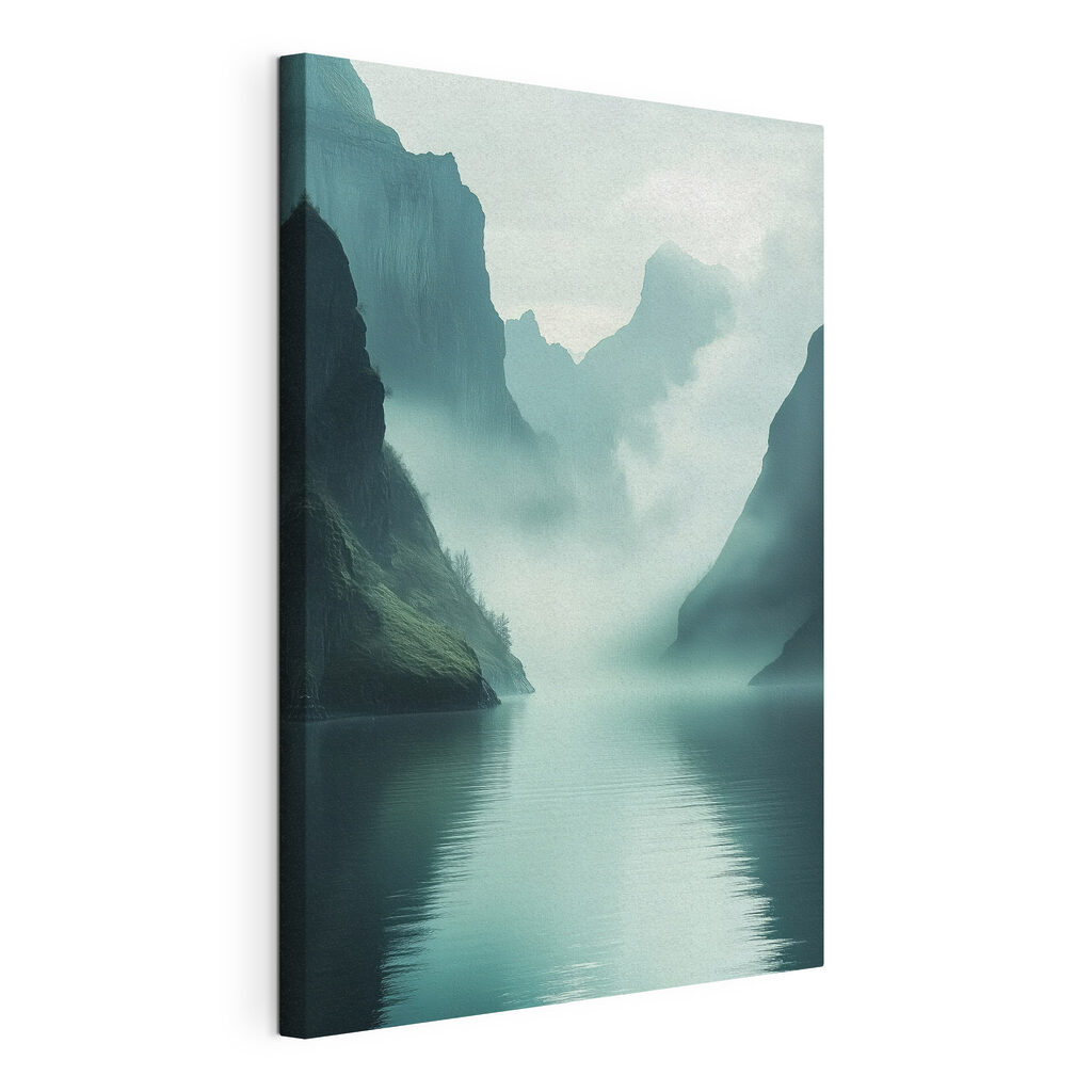 Body of water with mountains and fog