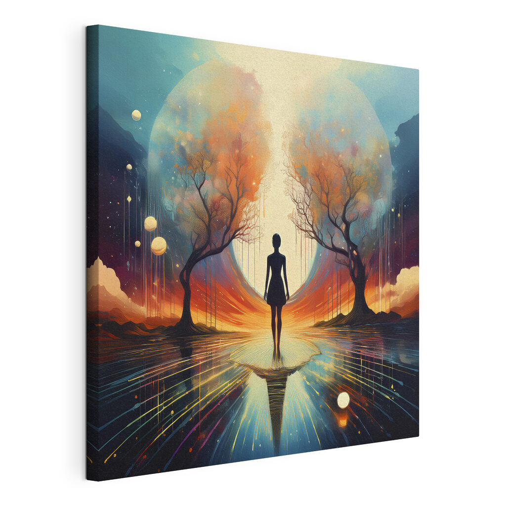 Woman standing on a reflective surface with trees and a large moon Woman standing on a reflective surface with trees and a large moon