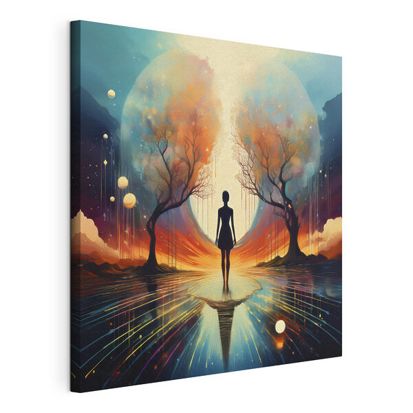 Cuadros Una mujer de pie sobre una superficie reflectante, con árboles y una luna enorme (SKU: s40713) Cuadros Cuadros Una mujer de pie sobre una superficie reflectante, con árboles y una luna enorme (SKU: s40713)