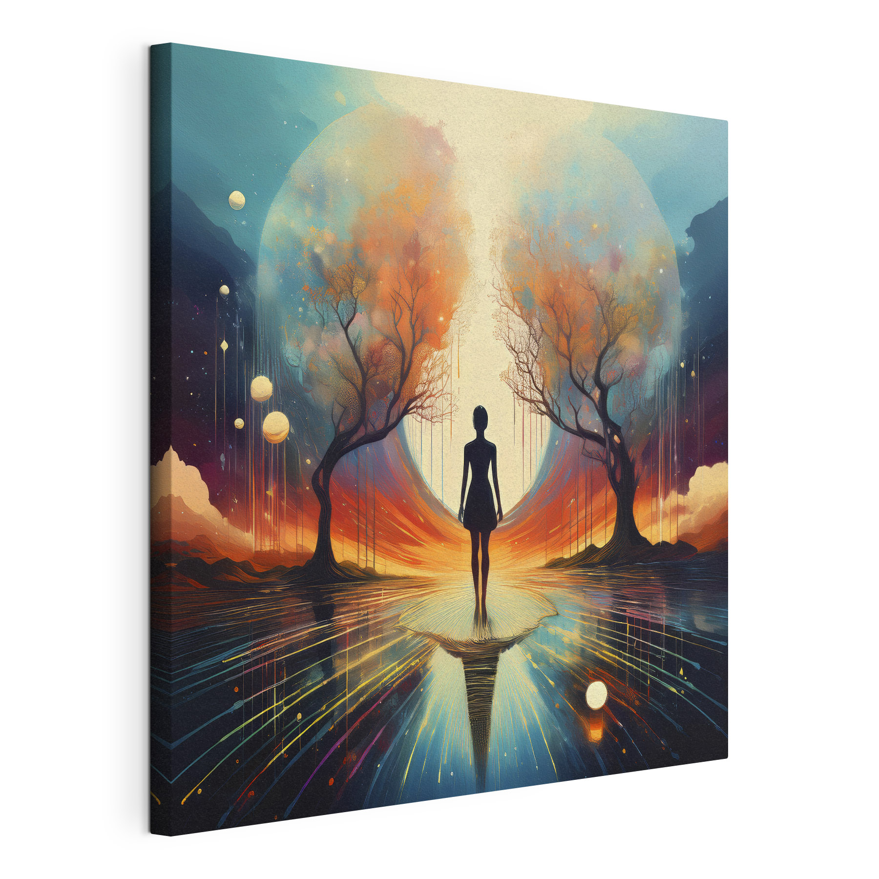 Woman standing on a reflective surface with trees and a large moon Woman standing on a reflective surface with trees and a large moon