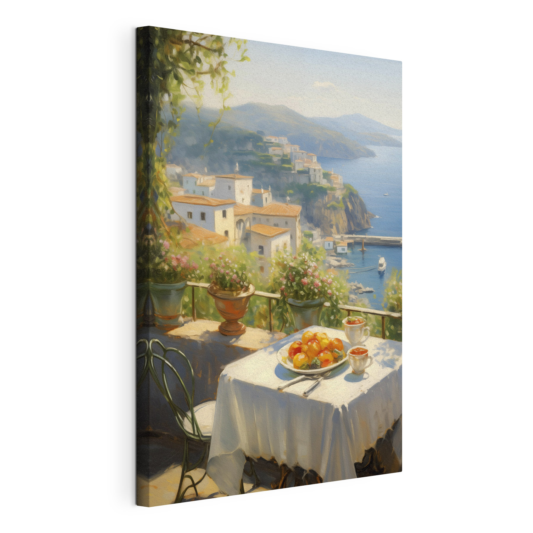 Table with fruit on it and a view of the ocean