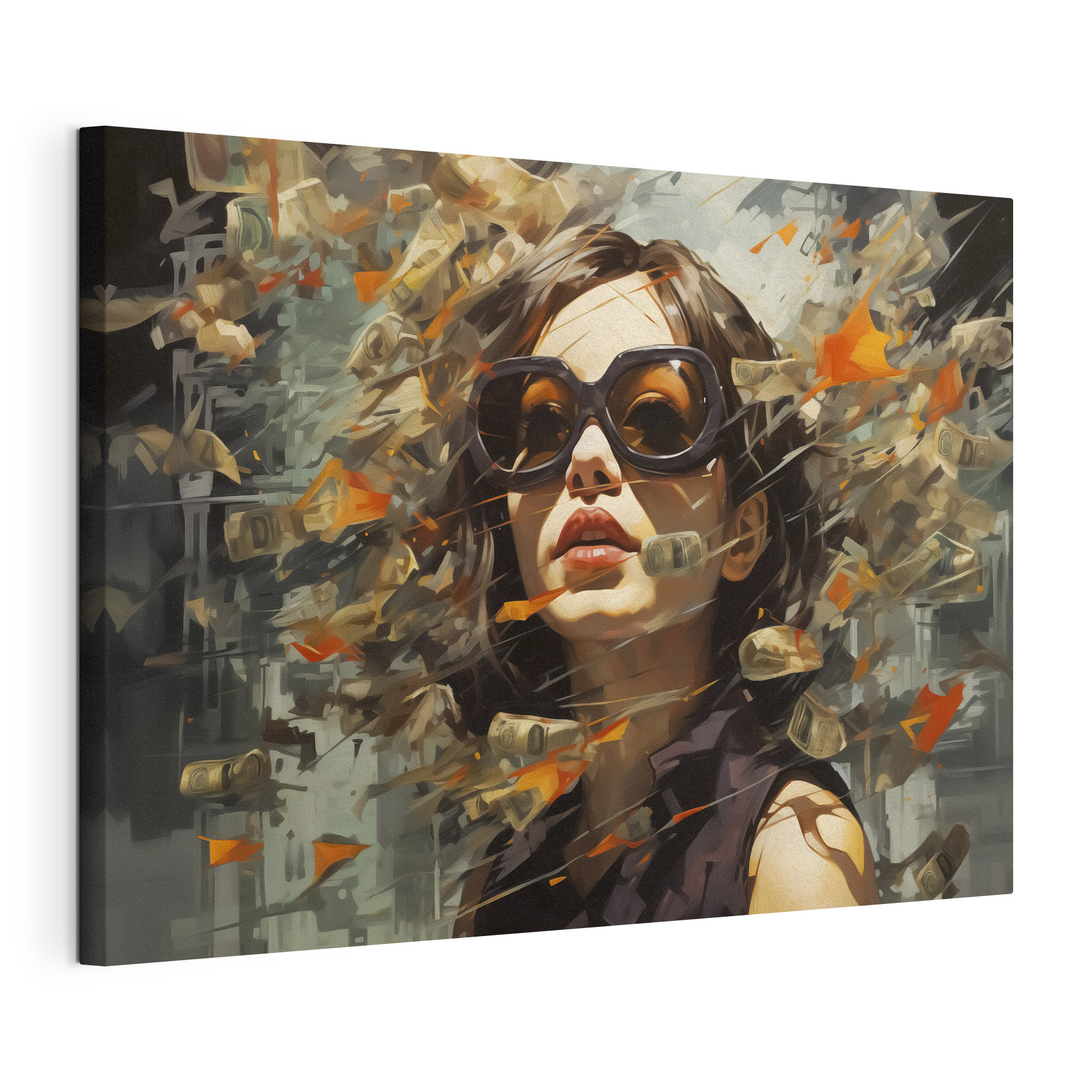 Woman wearing sunglasses and flying money Woman wearing sunglasses and flying money