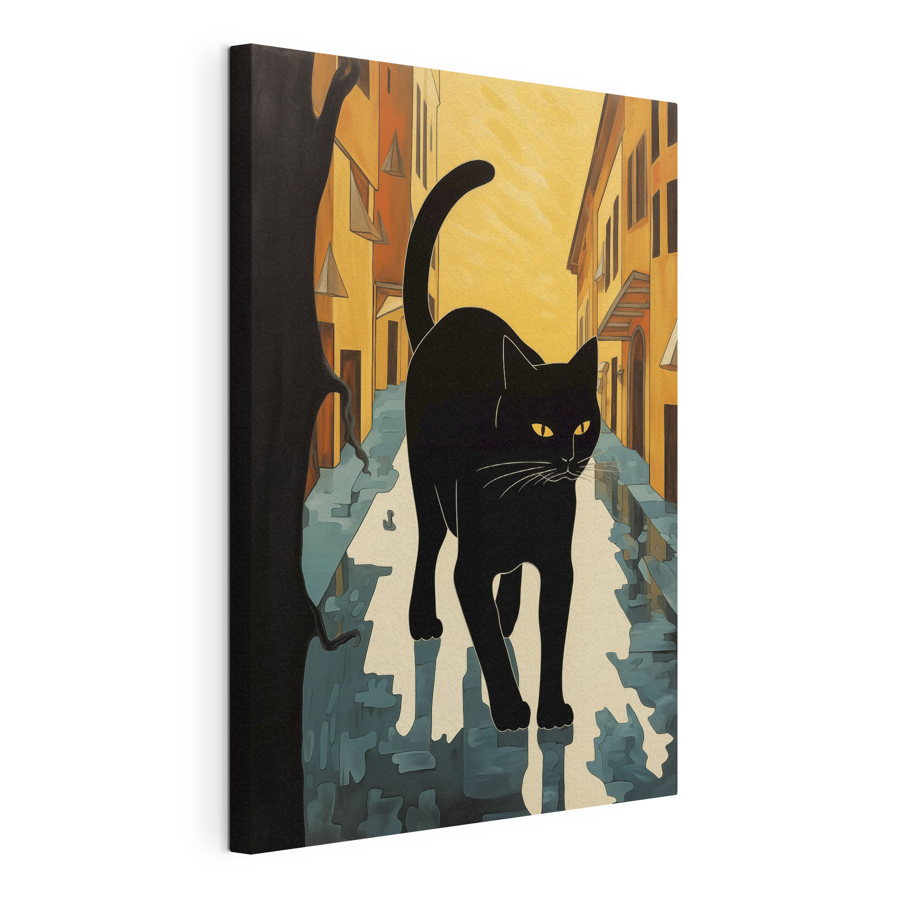 Black cat walking down a street