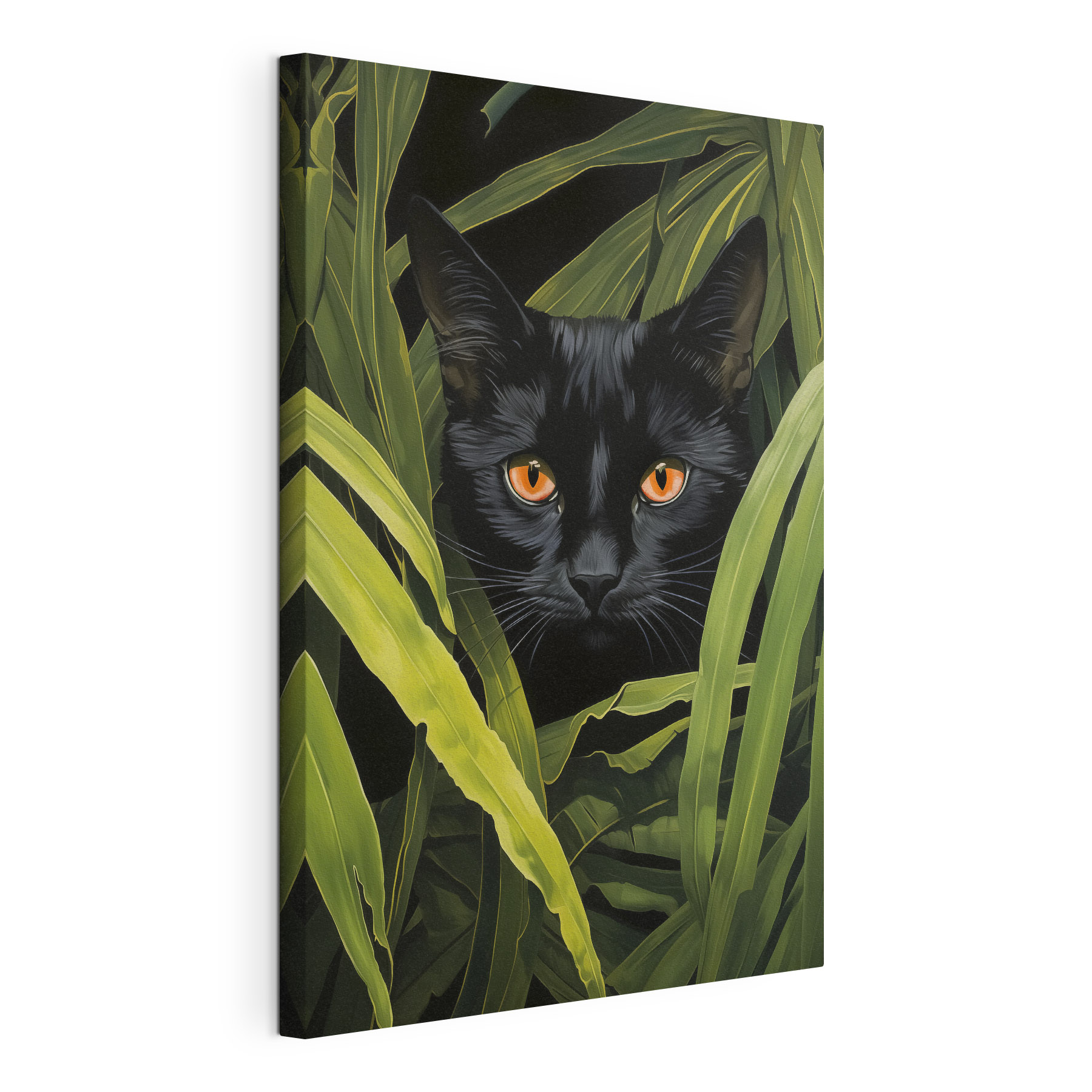 Black cat with orange eyes peeking through tall green plants