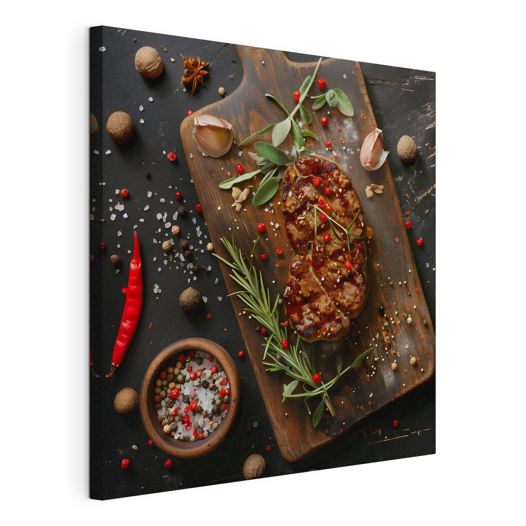 Piece of meat with spices and herbs on a cutting board Piece of meat with spices and herbs on a cutting board