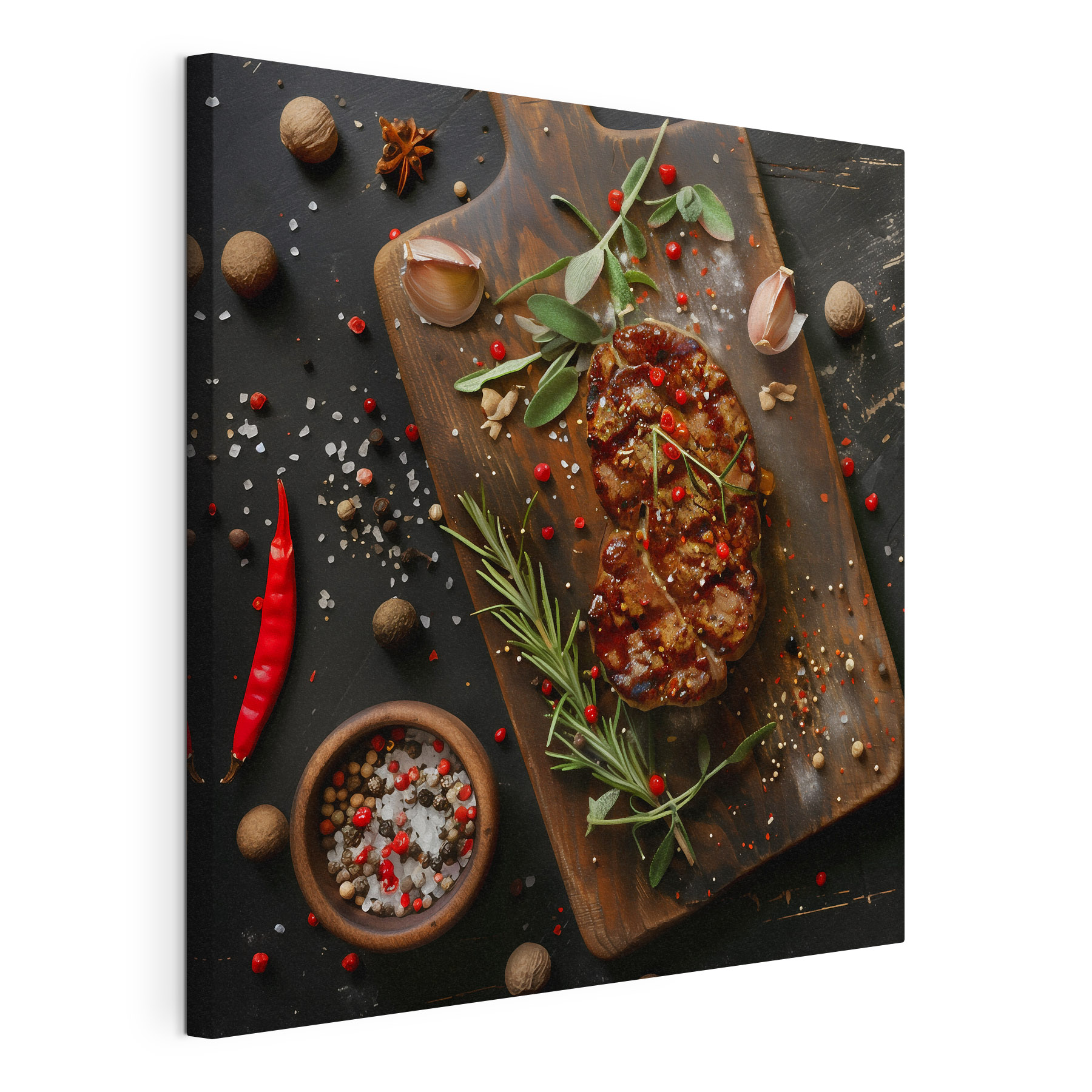 Piece of meat with spices and herbs on a cutting board Piece of meat with spices and herbs on a cutting board