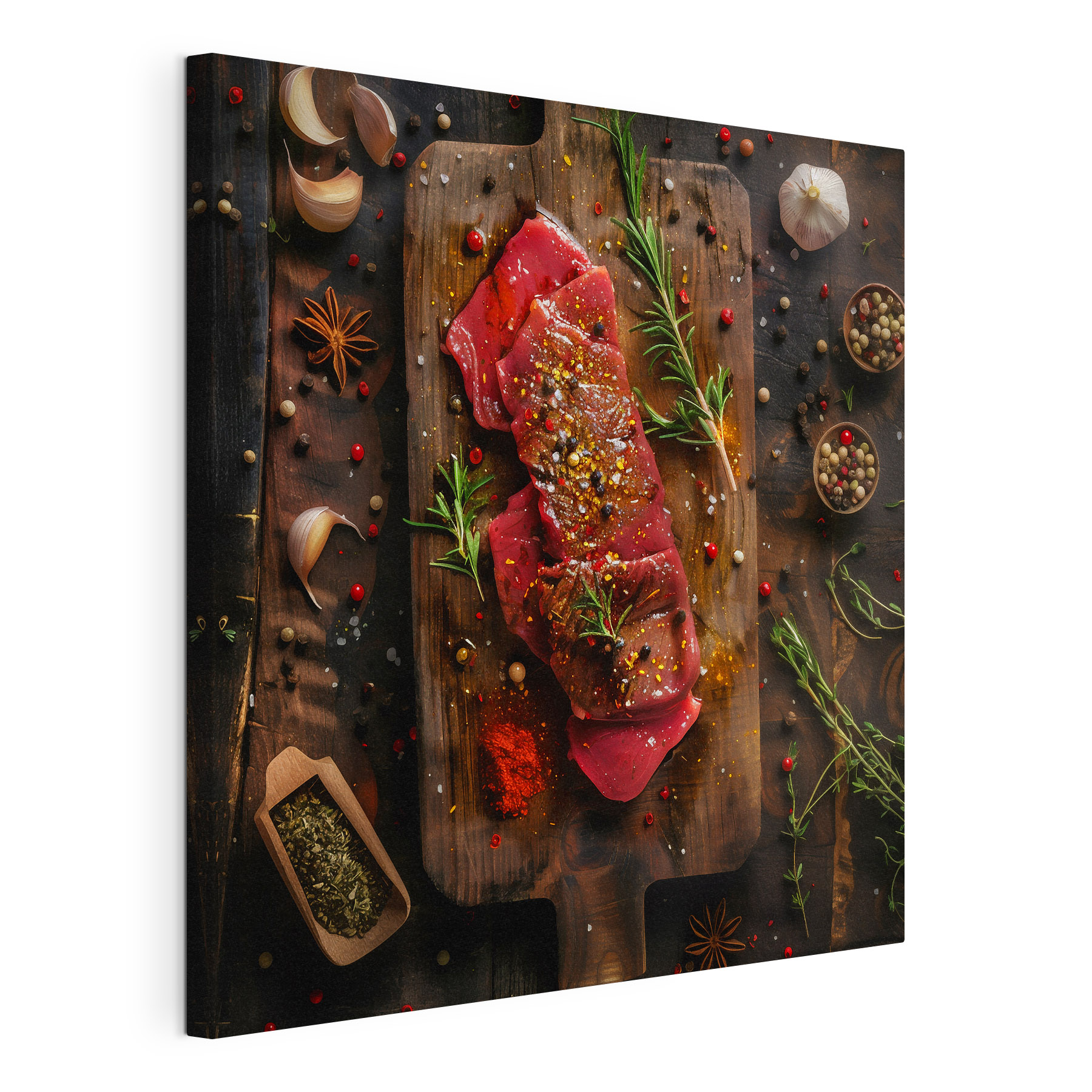 Meat on a cutting board with spices and herbs Meat on a cutting board with spices and herbs