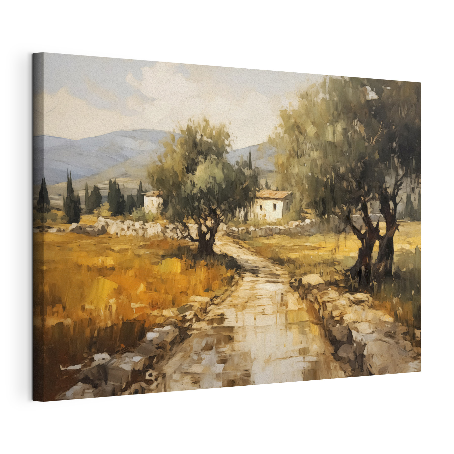 Painting of a road with trees and a house in the background