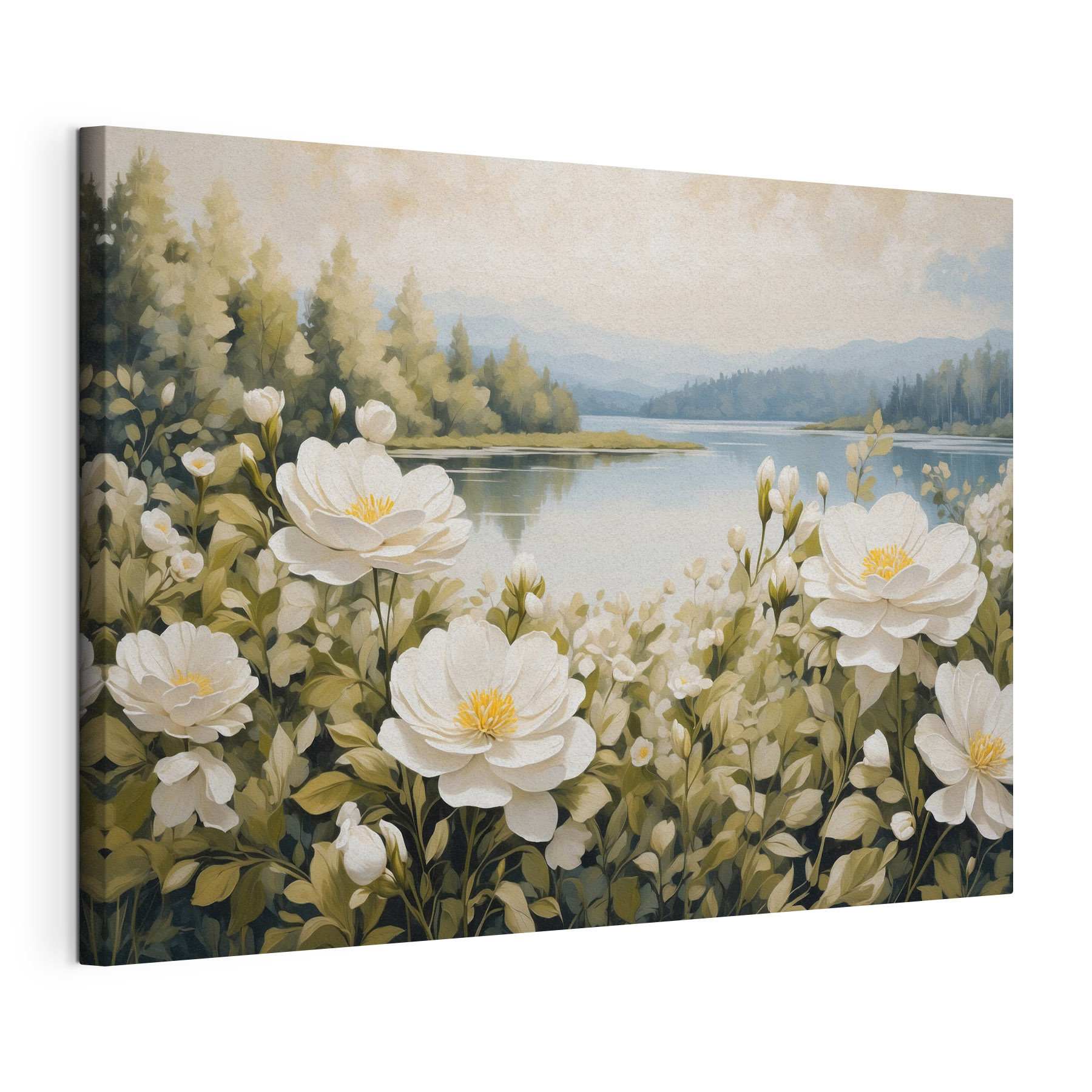 Painting of flowers by a lake Painting of flowers by a lake