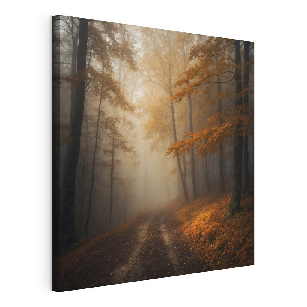 Foggy forest with trees and leaves Foggy forest with trees and leaves