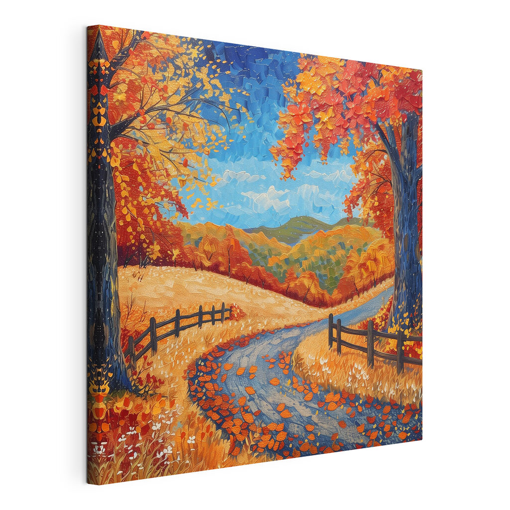 Painting of a road with trees and a fence