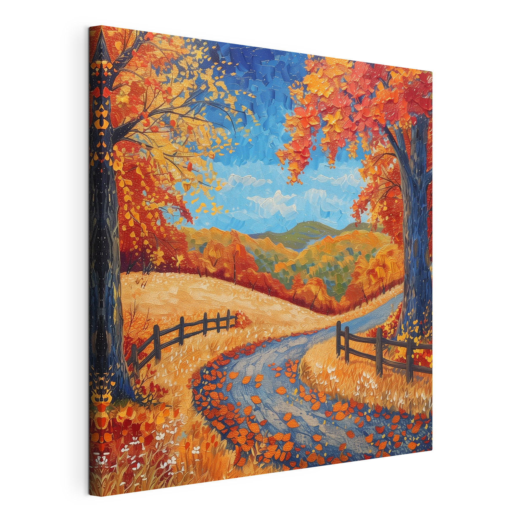 Painting of a road with trees and a fence