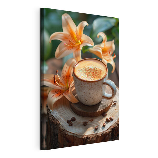 Cuadros Taza de café con espuma sobre un tocón de madera con flores (SKU: s40906) Cuadros Cuadros Taza de café con espuma sobre un tocón de madera con flores (SKU: s40906)