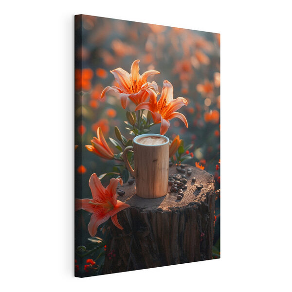 Cuadros Una taza de café sobre un tocón con flores de naranjo (SKU: s40907) Cuadros Cuadros Una taza de café sobre un tocón con flores de naranjo (SKU: s40907)