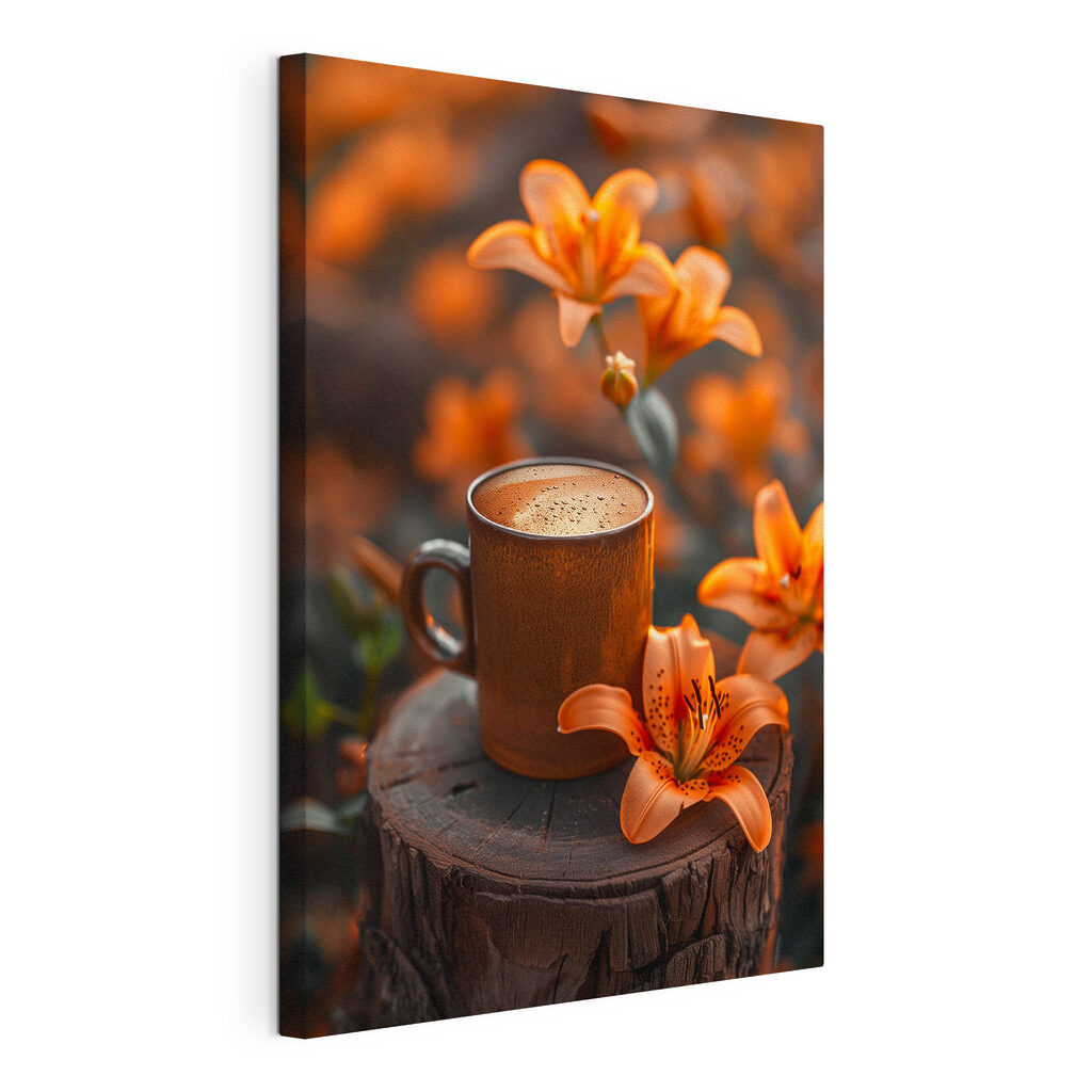 Coffee cup and orange flowers Coffee cup and orange flowers