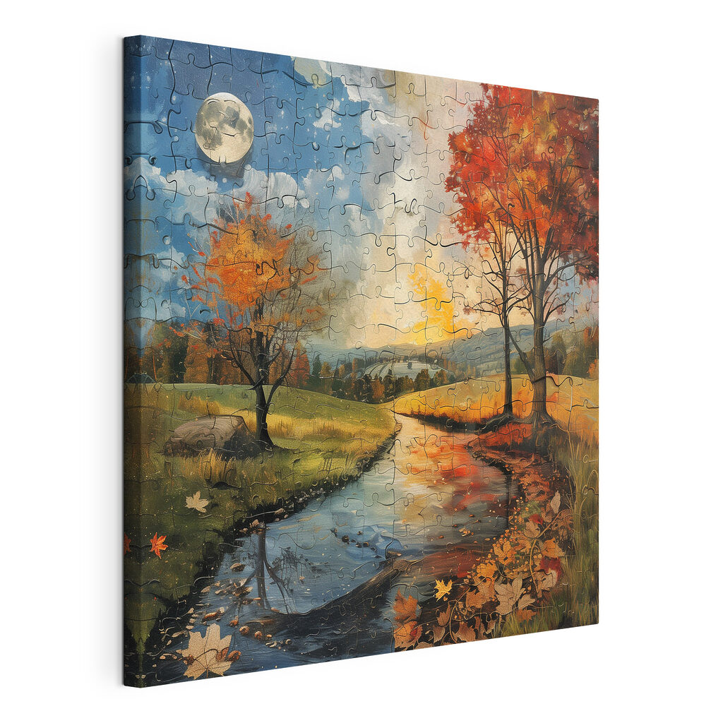 Puzzle of a river with trees and a moon