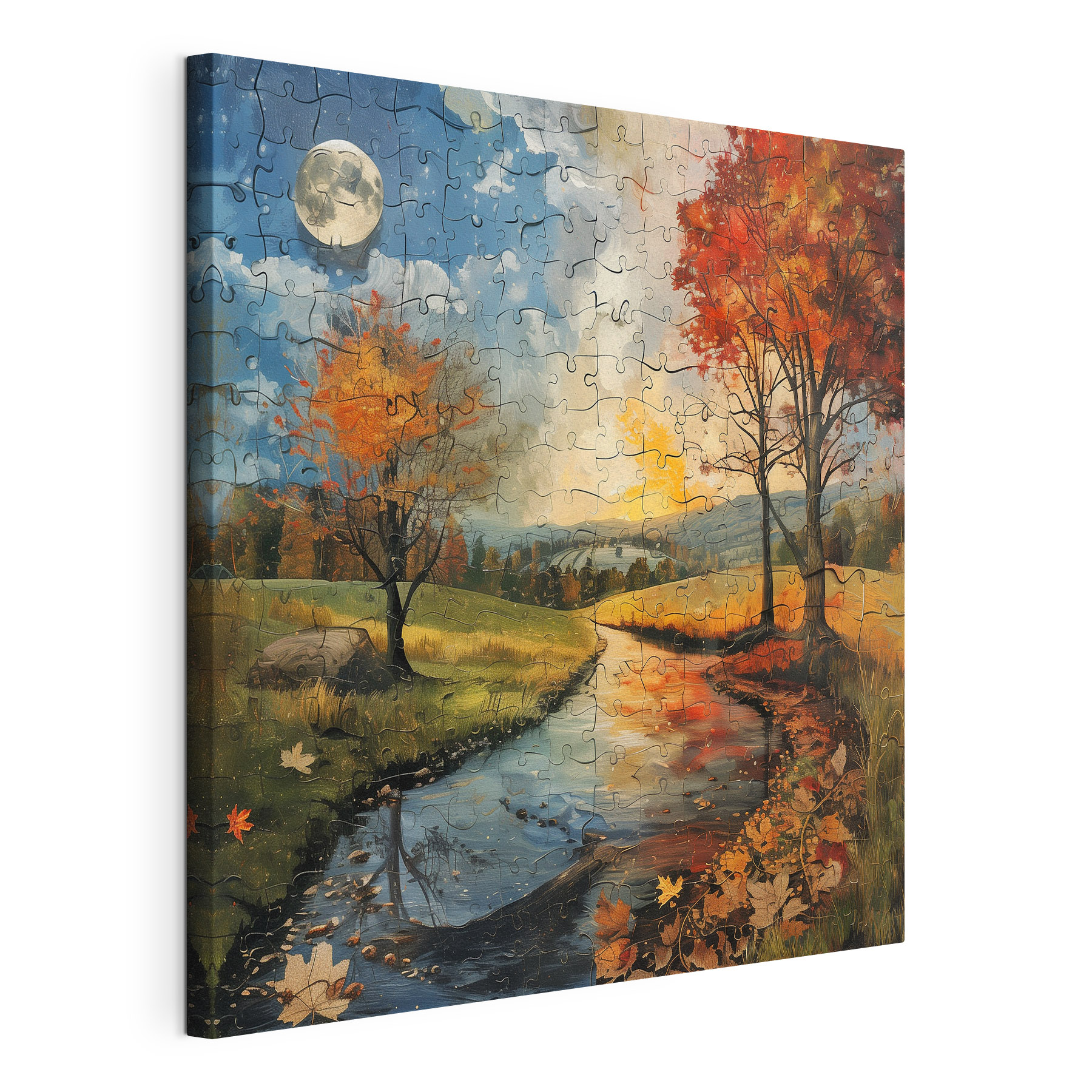 Puzzle of a river with trees and a moon