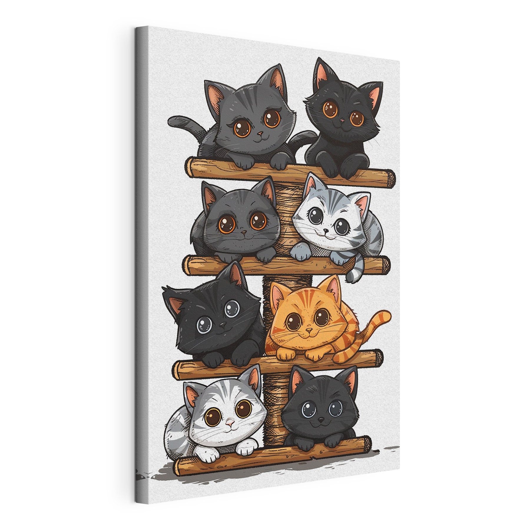 Group of cats on a wooden structure Group of cats on a wooden structure