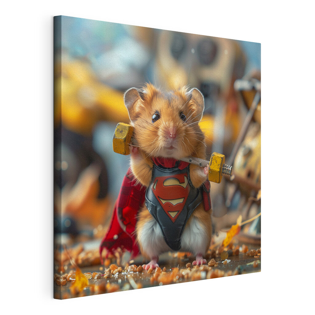 Hamster wearing a superhero garment holding a barbell