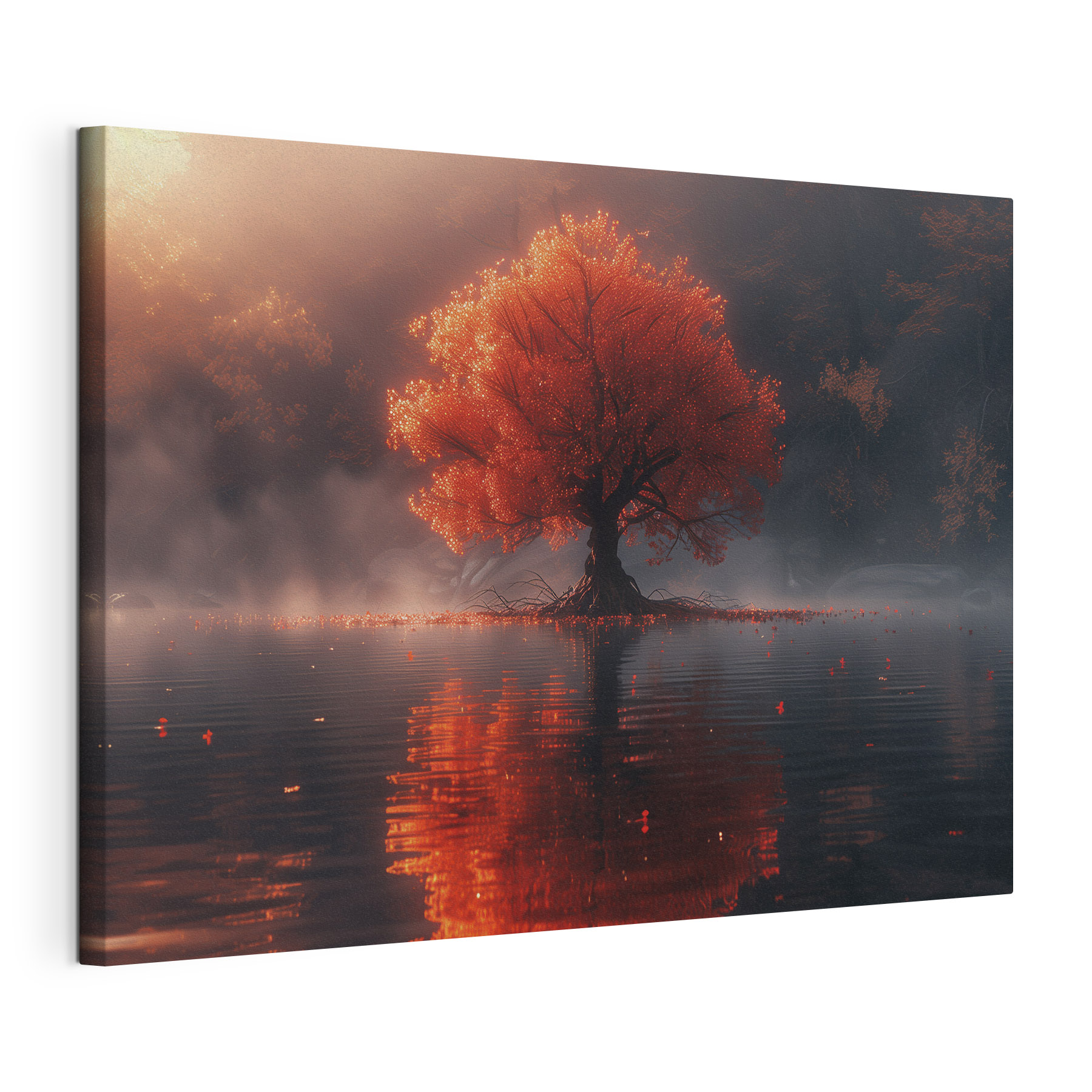 Tree with orange leaves on it in a lake