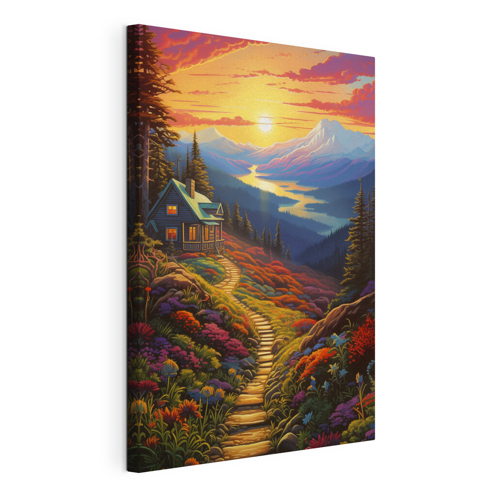House on a hill with a path leading to a valley with mountains and a river