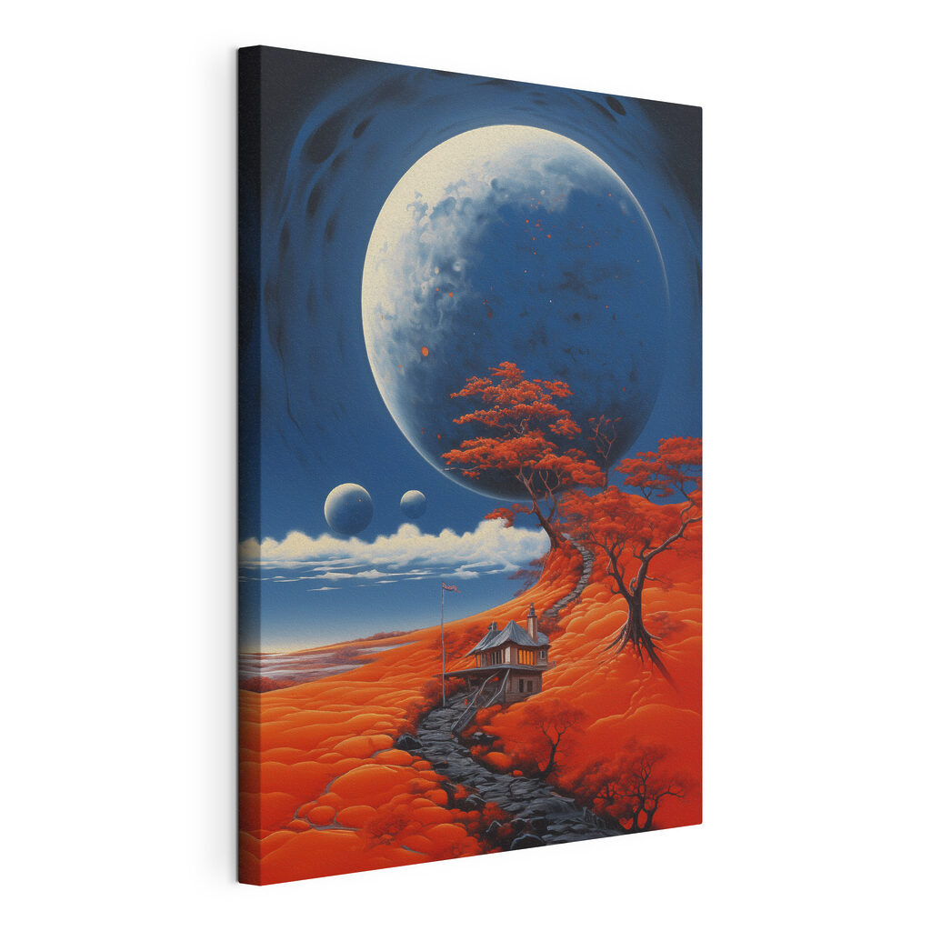 House on a hill with orange trees and a large moon House on a hill with orange trees and a large moon