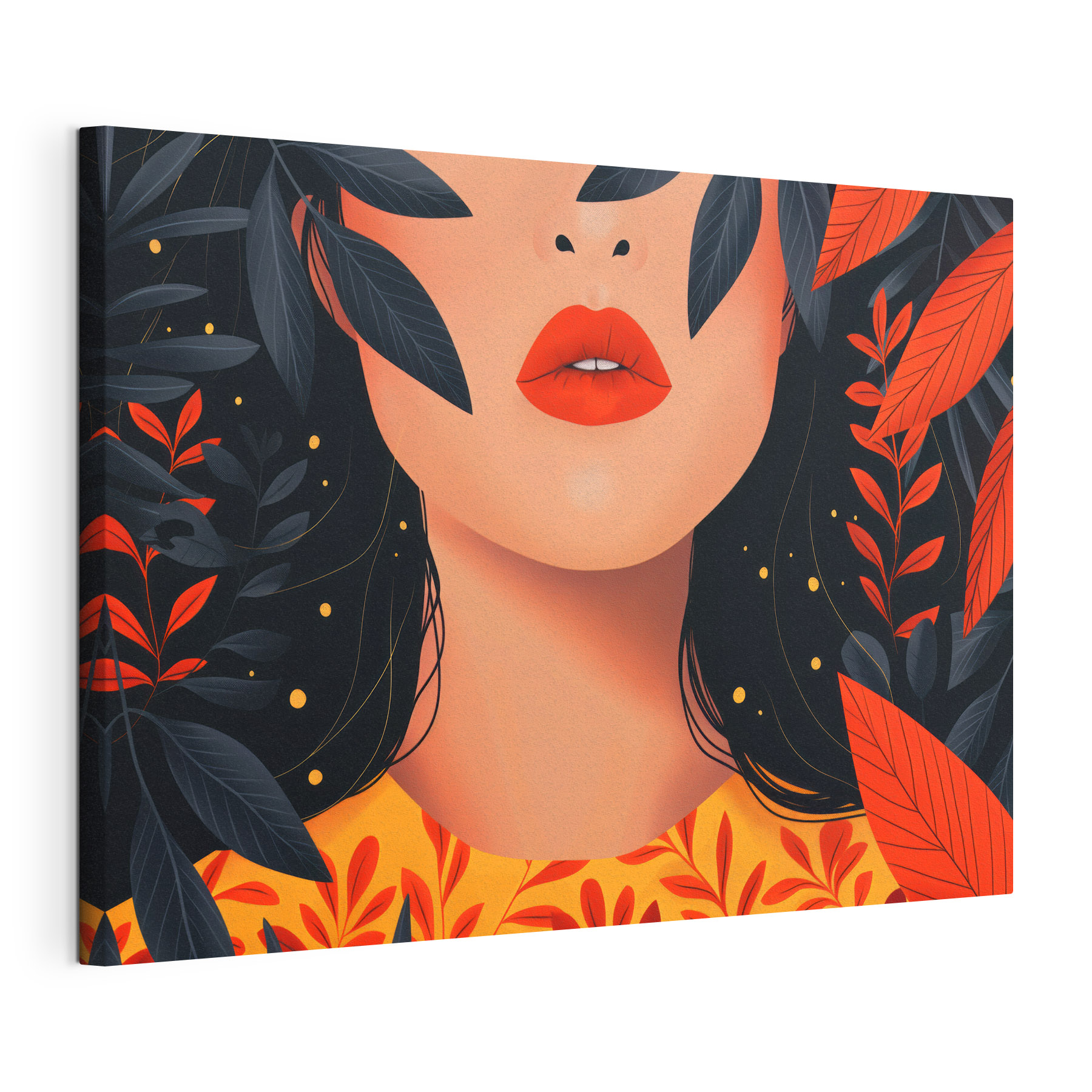 Woman with red lips and black leaves