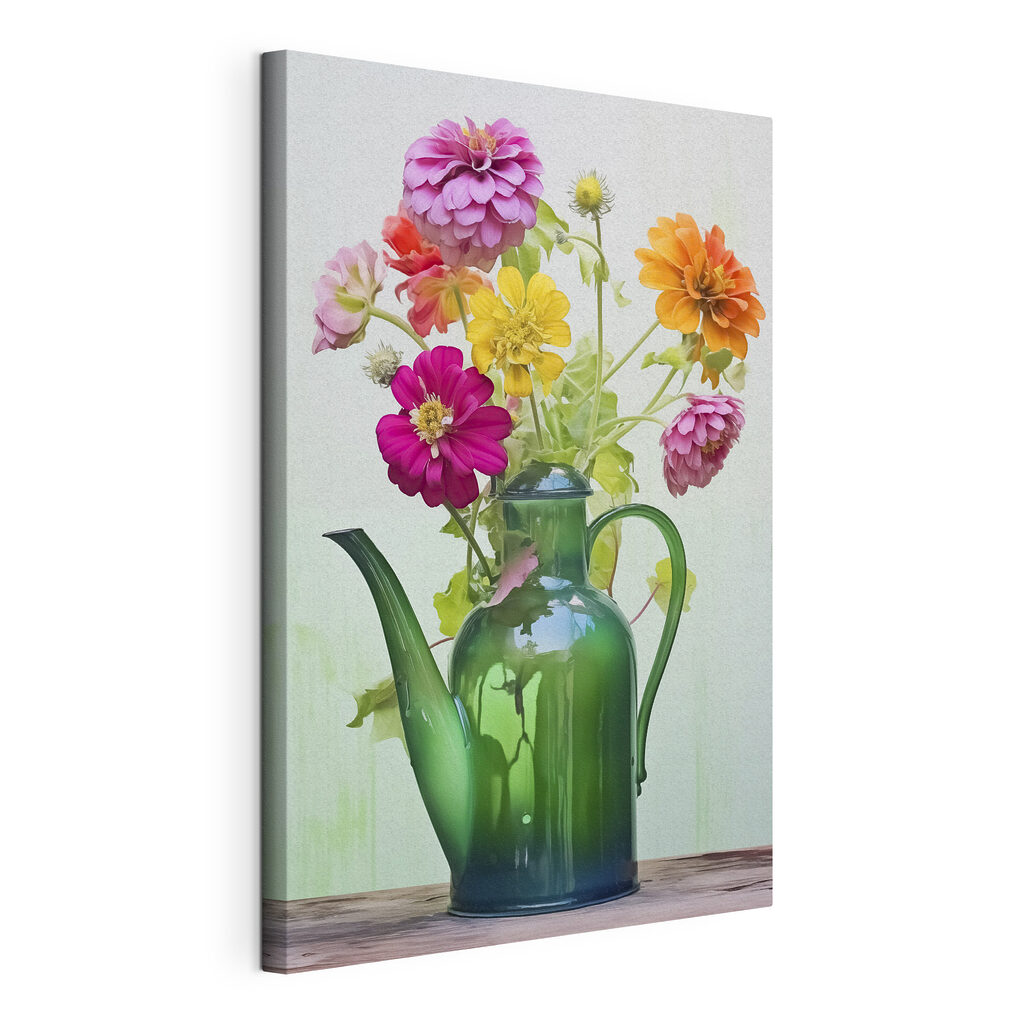 Green teapot with colorful flowers