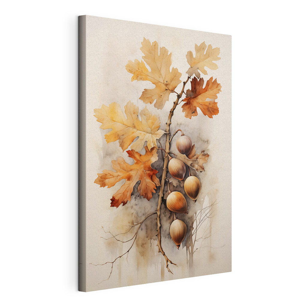 Acorns and leaves on a branch with a white background Acorns and leaves on a branch with a white background