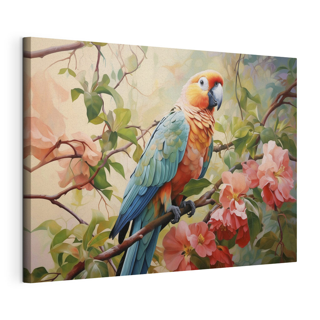 Colorful bird sitting on a branch with flowers Colorful bird sitting on a branch with flowers