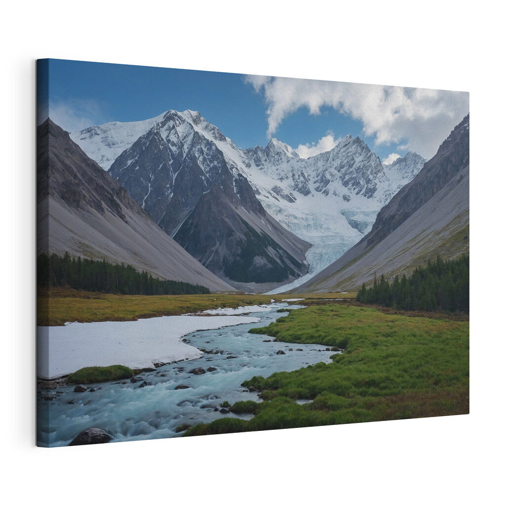 River running through a valley with snow covered mountains River running through a valley with snow covered mountains