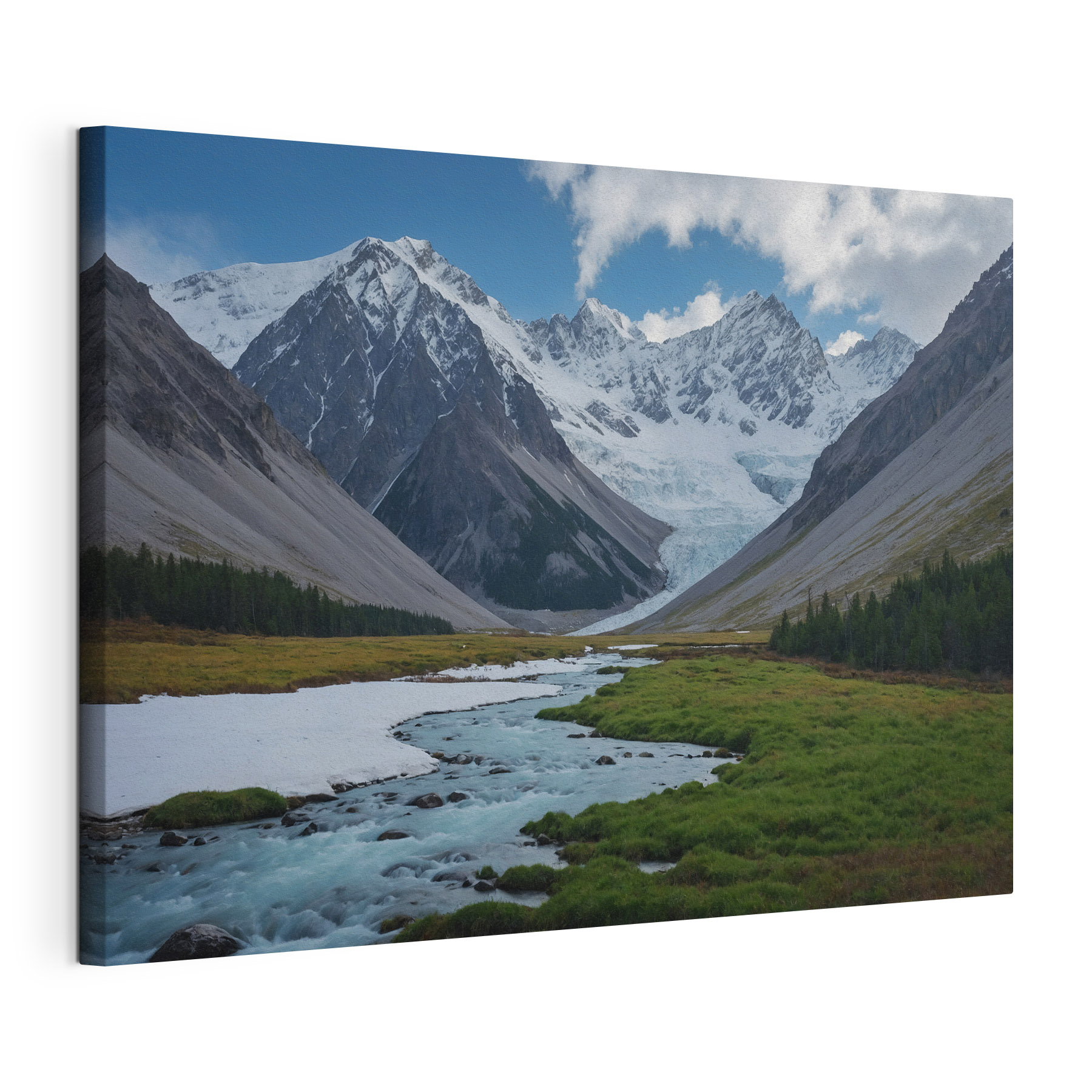 River running through a valley with snow covered mountains River running through a valley with snow covered mountains