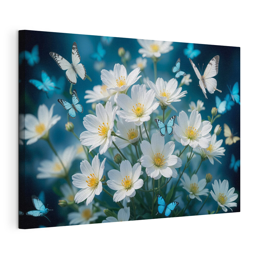 Group of butterflies flying around a white flowers Group of butterflies flying around a white flowers